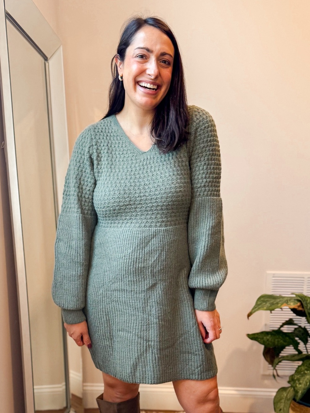 Cupshe Sage Green Knit V-Neck Long Sleeve Dress